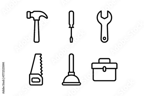 Minimalist black and white tool icon set for diy projects