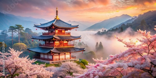 Enchanting Japan: Cherry Blossoms & Ancient Temples - Double Exposure Landscape Stock Photo