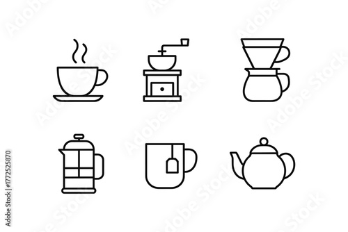 Minimalist coffee and tea line art icons for cafe menus and branding