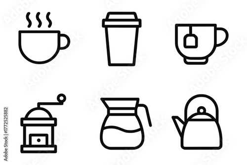 Minimalist line icons of coffee tools and tea cups for beverage lovers