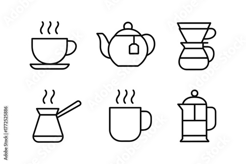Minimalist linear icons of coffee and tea brewing essentials