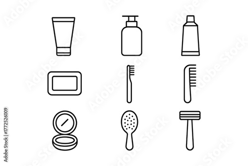Minimalist linear icons of bathroom essentials for personal care