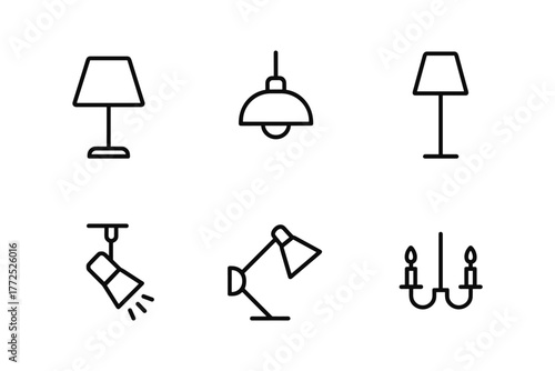 Minimalist linear icons of various lamps and lighting fixtures