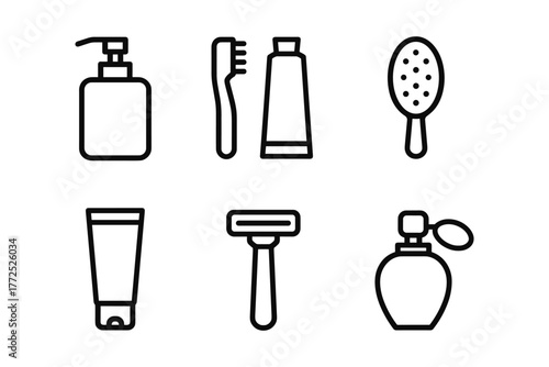 Minimalist hygiene icons set: linear bathroom essentials for daily care