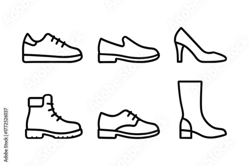 Stylish shoe icons: casual, formal, and heeled footwear line art collection