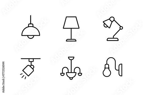 Modern lighting icons collection: pendant, desk, and wall lamp linear design