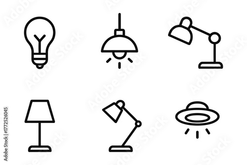 Minimalist linear icons of various table and ceiling lamps for interior design