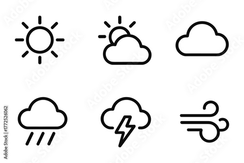 Minimalist weather icons featuring sun cloud rain lightning and wind