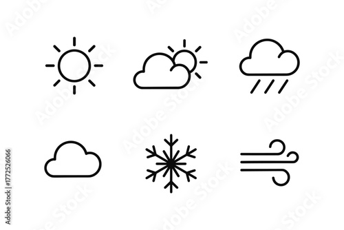Minimalist weather icons set featuring sun, clouds, snowflake, and wind symbols