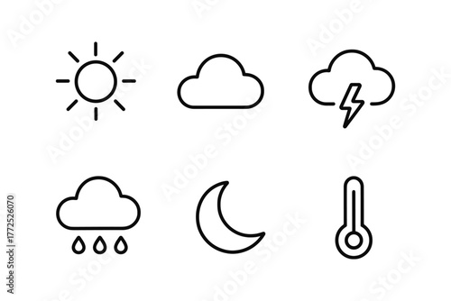 Minimalist weather icons set featuring sun, cloud, moon, lightning, rain, and thermometer