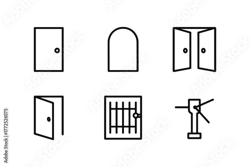 Minimalist door icons set: modern, arched, and security designs in line art