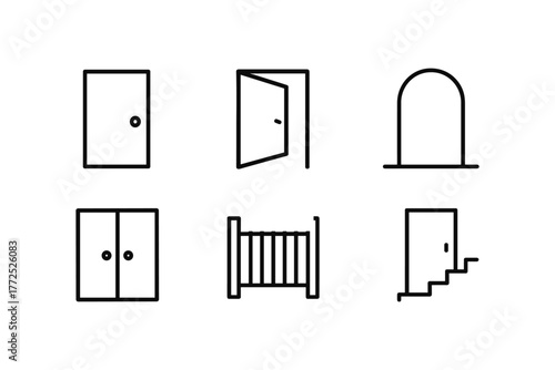 Minimalist door and gate icons set in linear style for home design projects