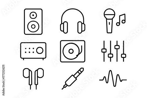 Minimalist line art icons of audio equipment for music and sound design