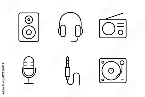 Minimalist audio icon set featuring headphones, microphone, and turntable