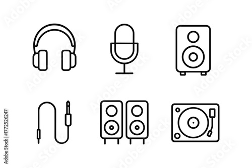 Minimalist audio equipment icons featuring headphones, microphone, and speakers