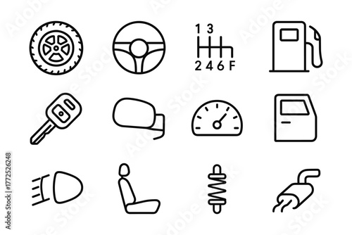 Car icons set: linear design of steering, wheels, and vehicle parts