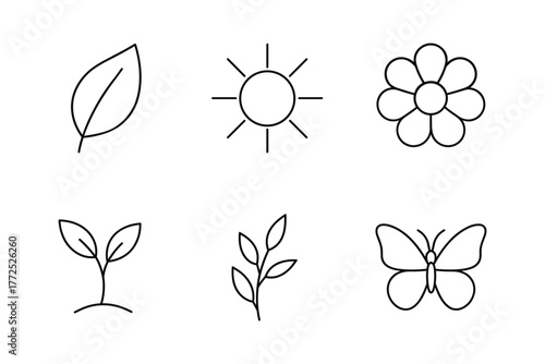 Minimalist nature icons set featuring leaf, sun, flower, sprout, branch, and butterfly