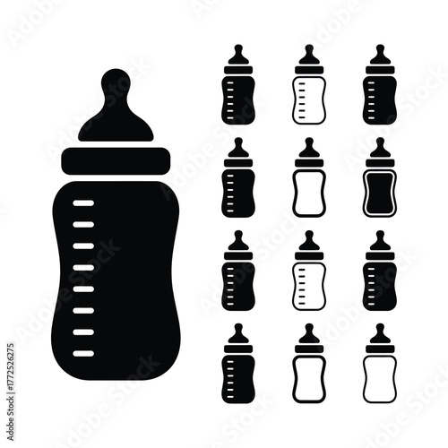 Set of baby bottle icons, feeding concept design