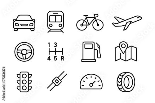 Transportation icons collection featuring various modes of travel in minimalist style