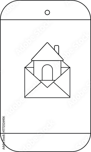 A smartphone displays an envelope with a house inside all in outline