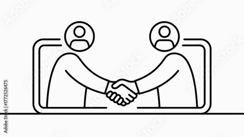 Two people shaking hands across a digital divide representing a virtual meeting or online agreement