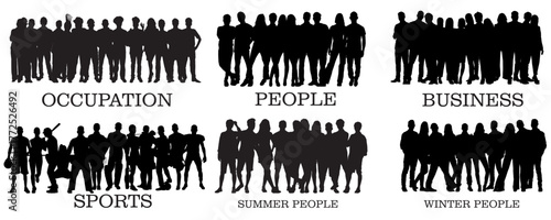 vector illustration group of multi ethnic diverse people silhouette ,business , diversity, silhouette, occupation,sports