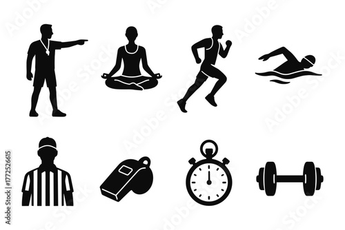Sports silhouette icons: yoga, running, swimming, and fitness equipment