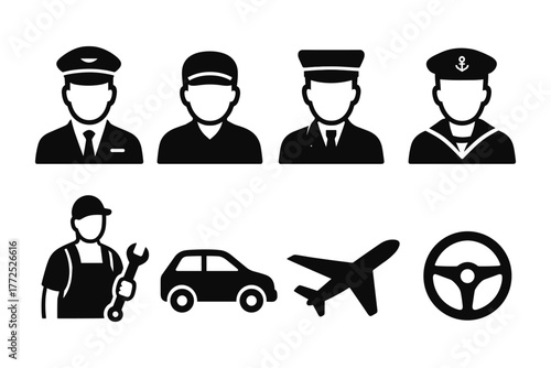 Diverse professional icons featuring pilot, driver, mechanic, and seafarer in silhouette style