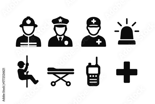 Emergency services icon set featuring firefighter, police, and medical symbols