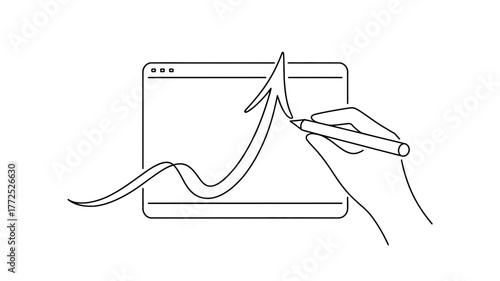 Hand drawing an upward trending arrow graph on a digital screen representing business growth and financial success