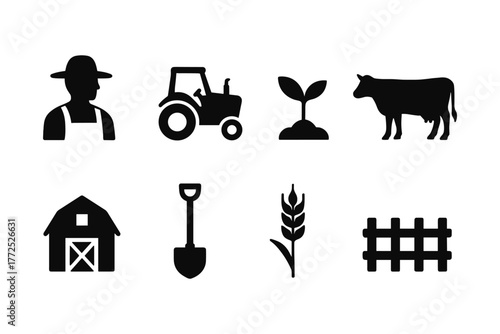 Silhouette icons of farming: tractor, barn, livestock, and crop elements
