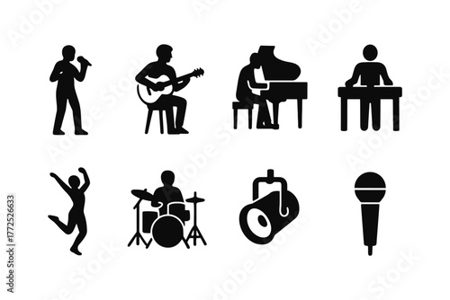 Music performance silhouettes: musicians and instruments vector set for creative designs