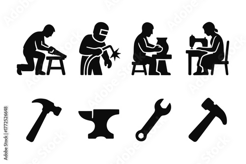 Silhouette icons of workshop trades: carpentry, welding, pottery, sewing, and tools