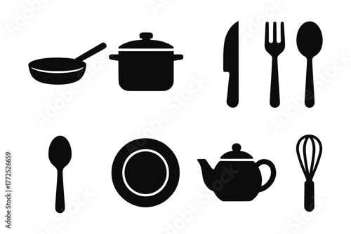 Kitchen utensils silhouette set: pans, cutlery, and teapot collection