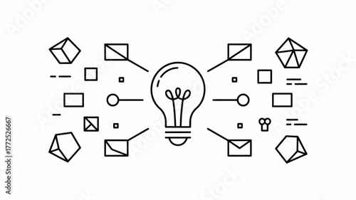 Conceptual illustration of a light bulb at the center of a network of geometric shapes and lines symbolizing innovation and ideas