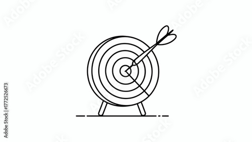 Simple hand drawn outline illustration of a bullseye target with an arrow perfectly hitting the center bullseye