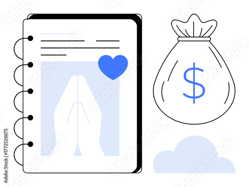 Notebook with praying hands and heart, dollar-marked money bag, and cloud. Ideal for charity, donation, philanthropy, faith, finance community support fundraising. Simple flat metaphor