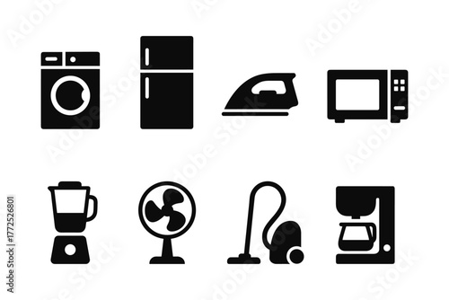 Essential household appliances silhouettes: washing machine, refrigerator, and more