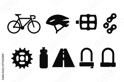 Cycling icon set: bicycle, helmet, pedals, chain, gear, bottle, road, lock