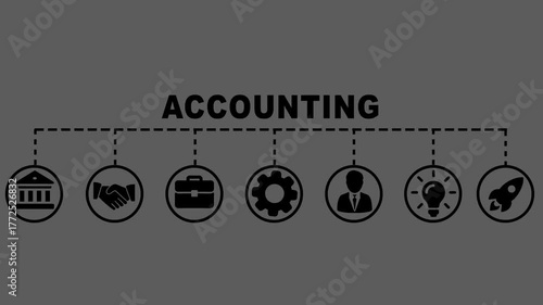 Accounting Concept Video banner The Banner Shows a Series Of Icons Connected by a dashed line, On The Black Background.