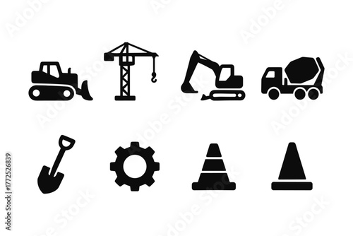 Silhouette construction icons: heavy equipment and tools for building projects
