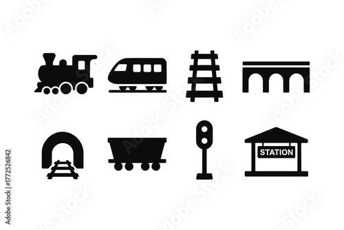 Black silhouette railway icons set featuring train, tracks, and station sign