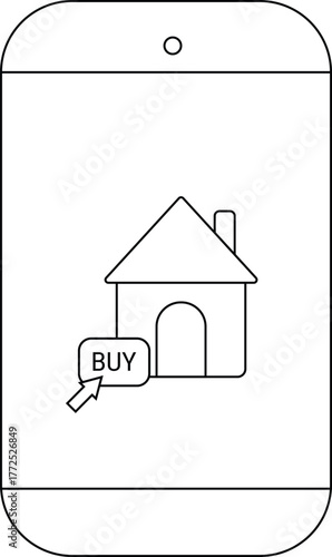 Mobile phone displays house icon with buy button suggesting real estate or ecommerce