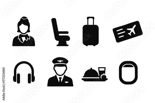Travel icons: airline crew, luggage, and airplane silhouettes for seamless journeys