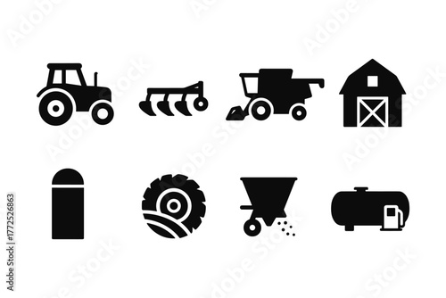 Silhouette icons of farm equipment and buildings for agriculture design