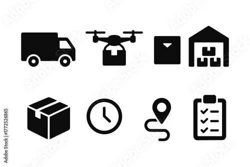 Delivery and logistics icons set featuring shipment, drone, and tracking symbols in black silhouette style