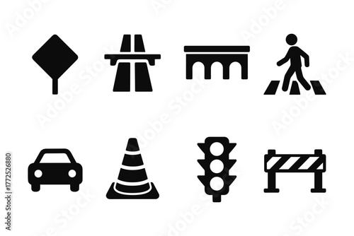 Transport icons collection: traffic symbols, road sign, vehicle, and infrastructure in bold silhouette style