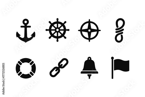 Set of nautical icons: anchor, wheel, compass, rope, lifebuoy, chain, bell, flag