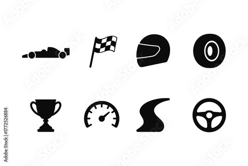 Silhouette racing icons: car, helmet, speedometer, and more for motorsport enthusiasts