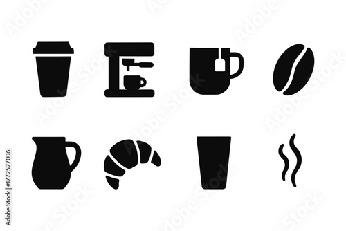 Coffee and tea icons: minimalistic silhouette collection